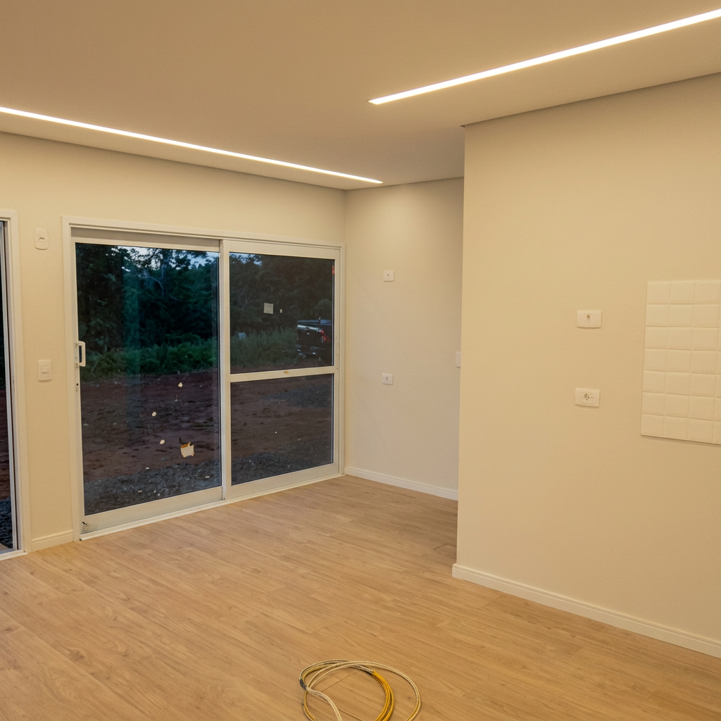 Sala ampla com iluminação LED linear e porta de vidro