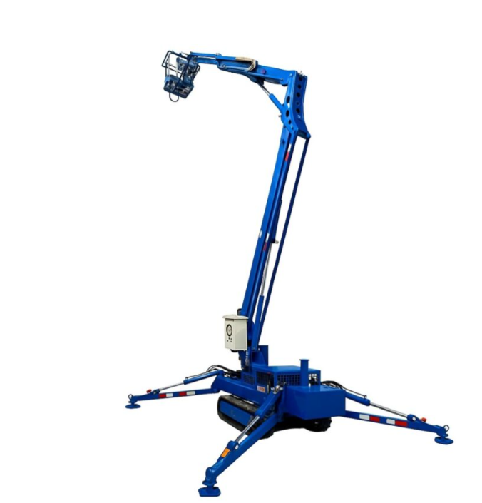 Plataforma articulada azul com braço elevado e estabilizadores abertos