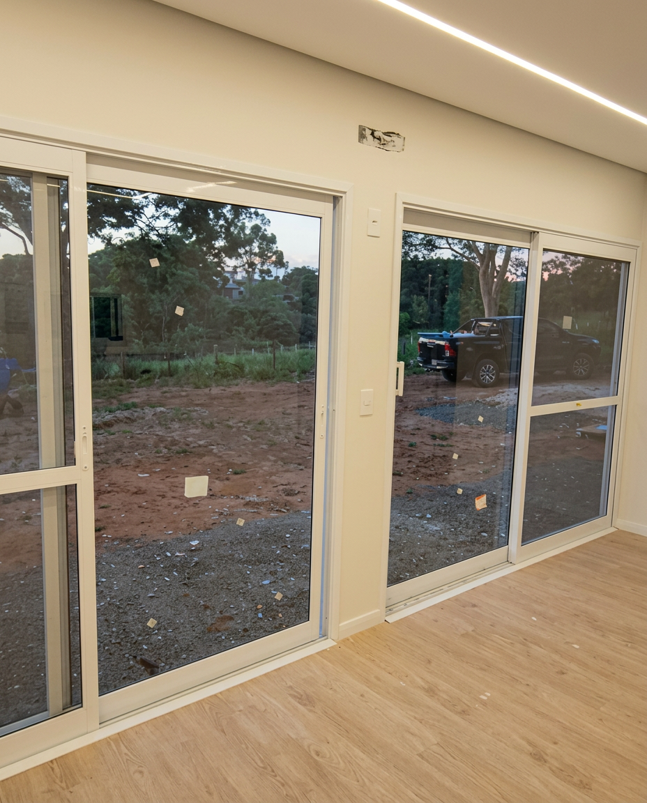 Ambiente interno com portas de correr em vidro do piso ao teto