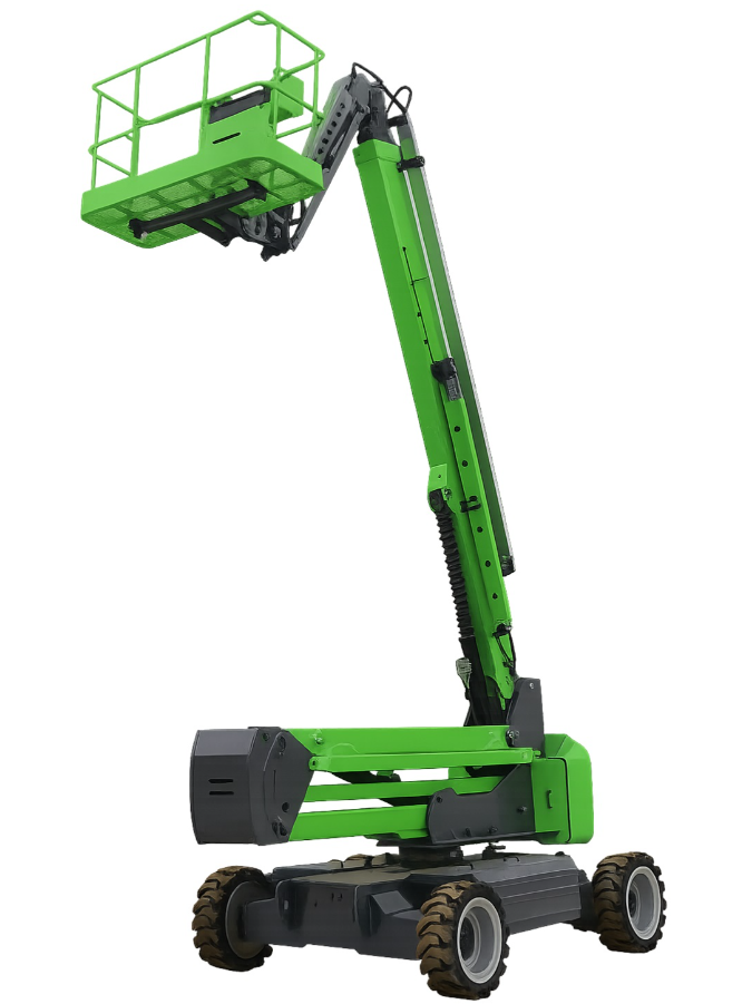 Plataforma articulada verde com braço elevado e cesto de trabalho