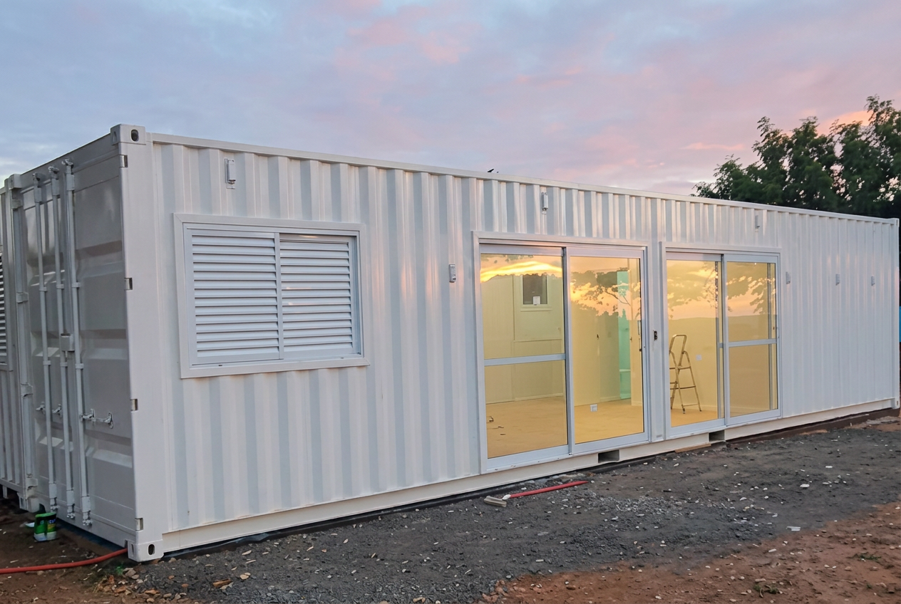 Fachada da casa container de 60 m² ao entardecer