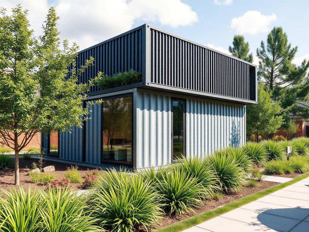 Escritório container moderno com paisagismo verde