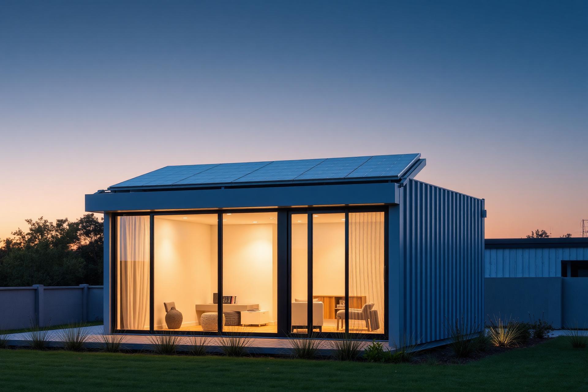 Casa container moderna com fachada em madeira ao entardecer
